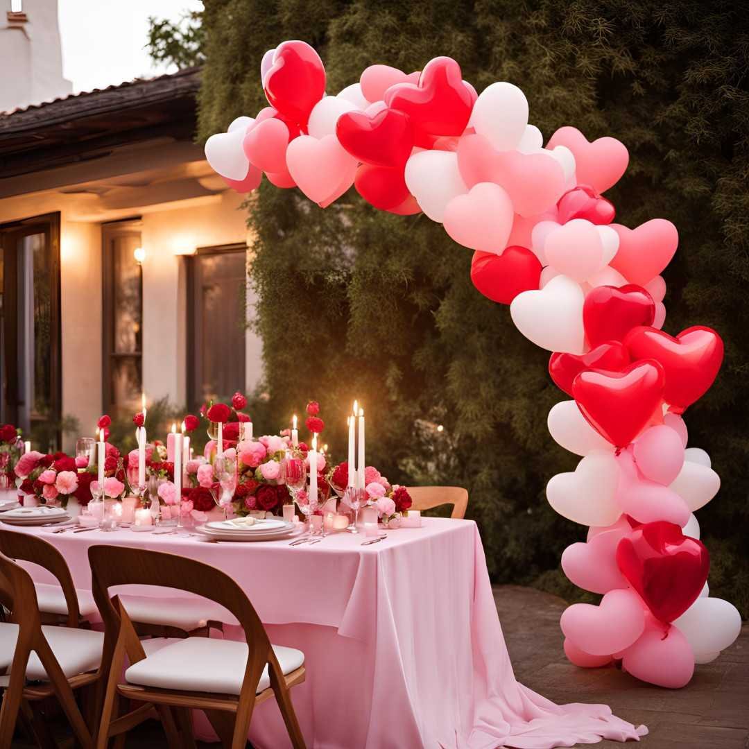 Outdoor Valentine’s Day dining setup with heart balloons and candles