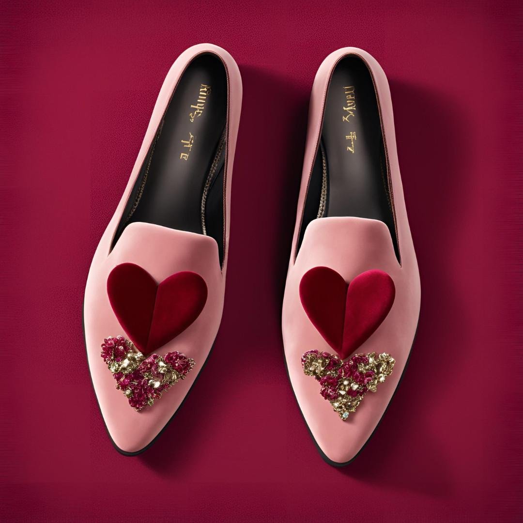 Pink loafers with red heart and jeweled embellishments for Valentine’s Day