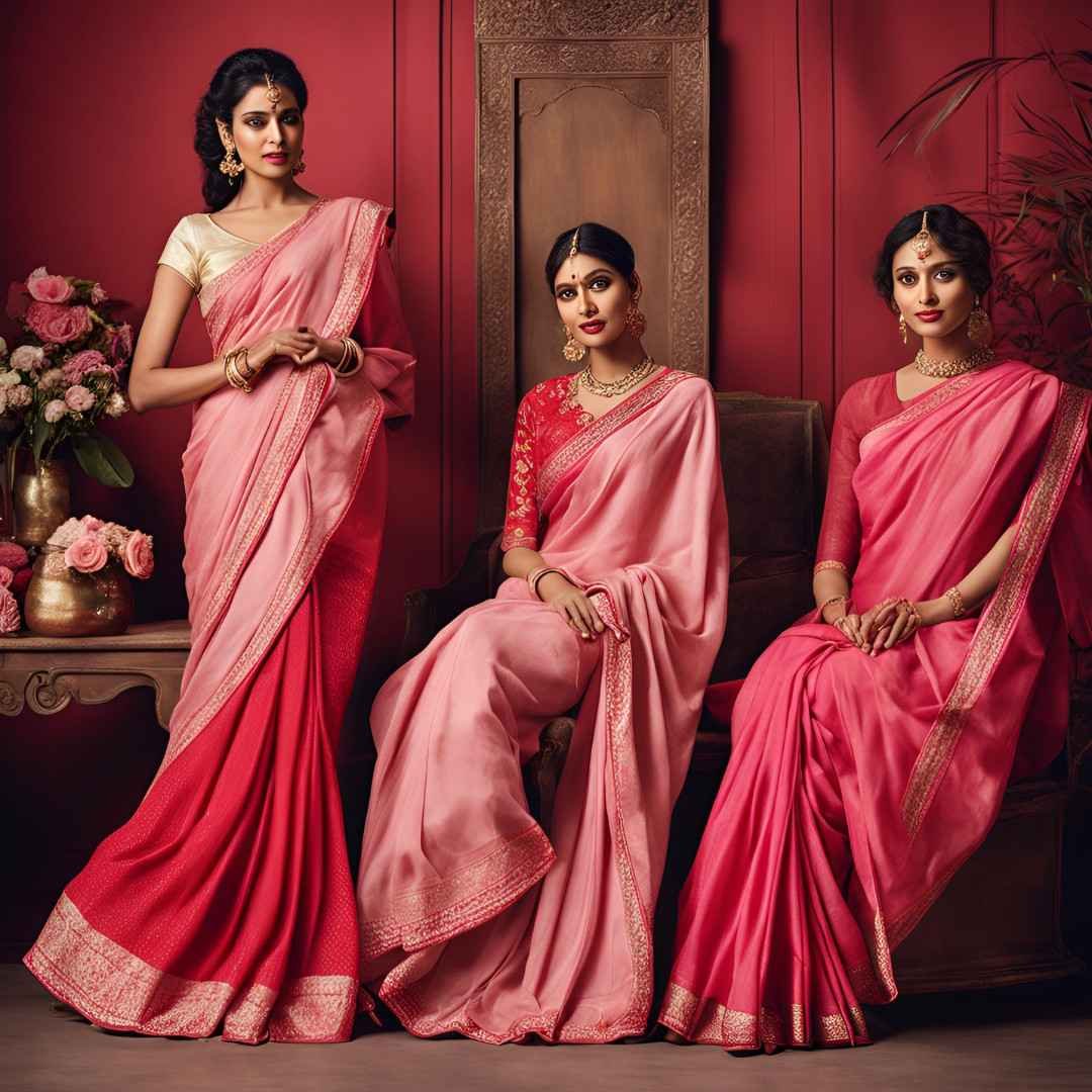 Three women in elegant pink sarees seated against a romantic red backdrop