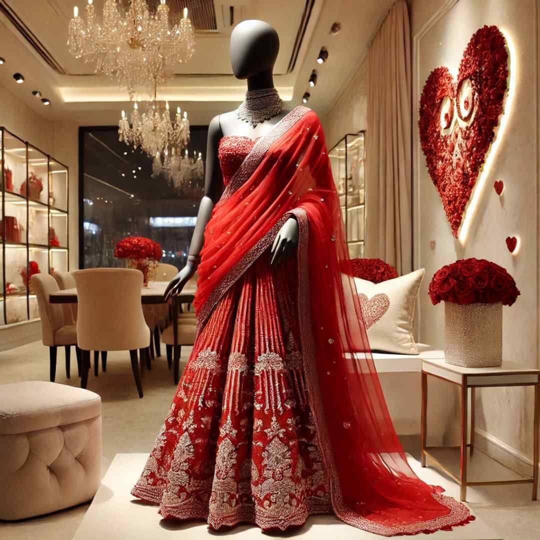 Mannequin dressed in red bridal lehenga with Valentine’s Day heart backdrop