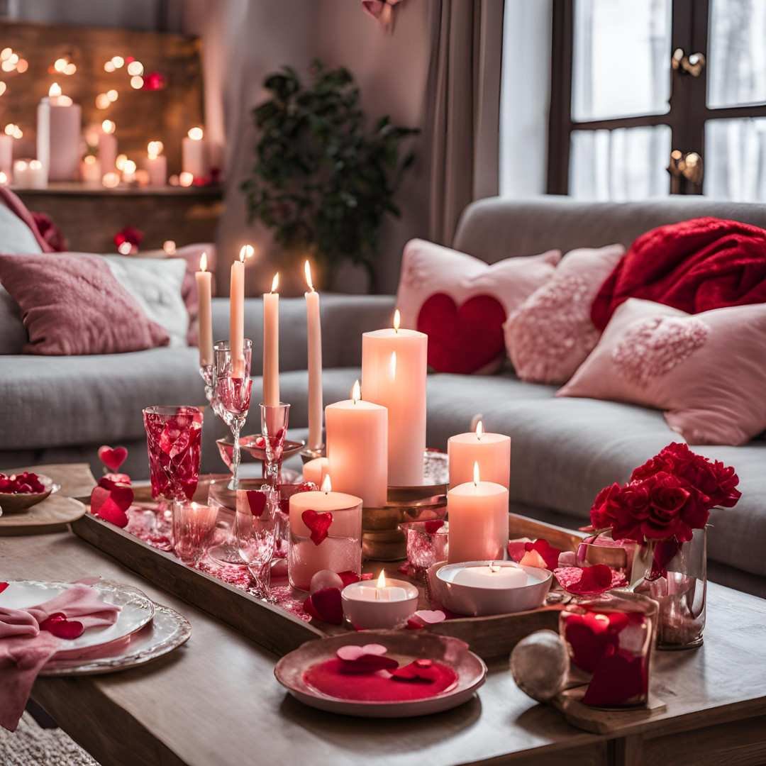 Cozy Valentine’s Day living room with candles and red decor