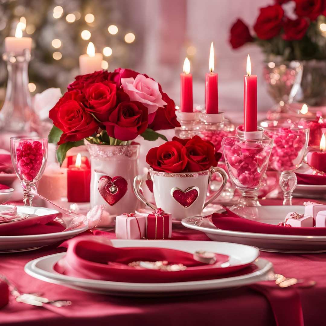 Romantic Valentine’s Day dinner table with roses, candles, and red decor