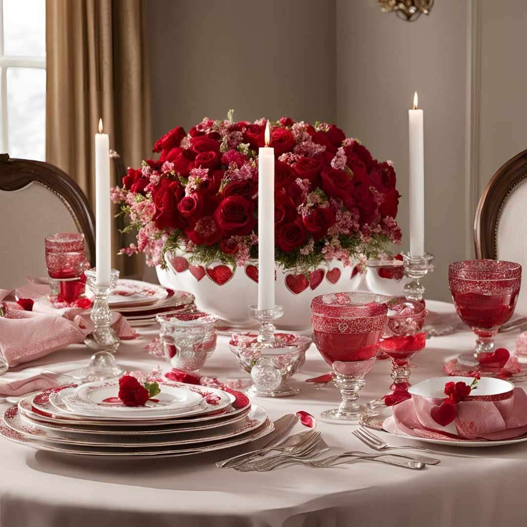 Elegant Valentine’s Day dinner table setup with red roses, candles, and fine tableware