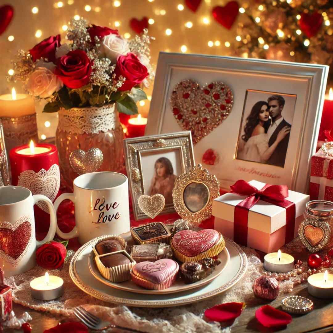 Valentine’s Day romantic table with couple photos, roses, candles, and heart-shaped treats