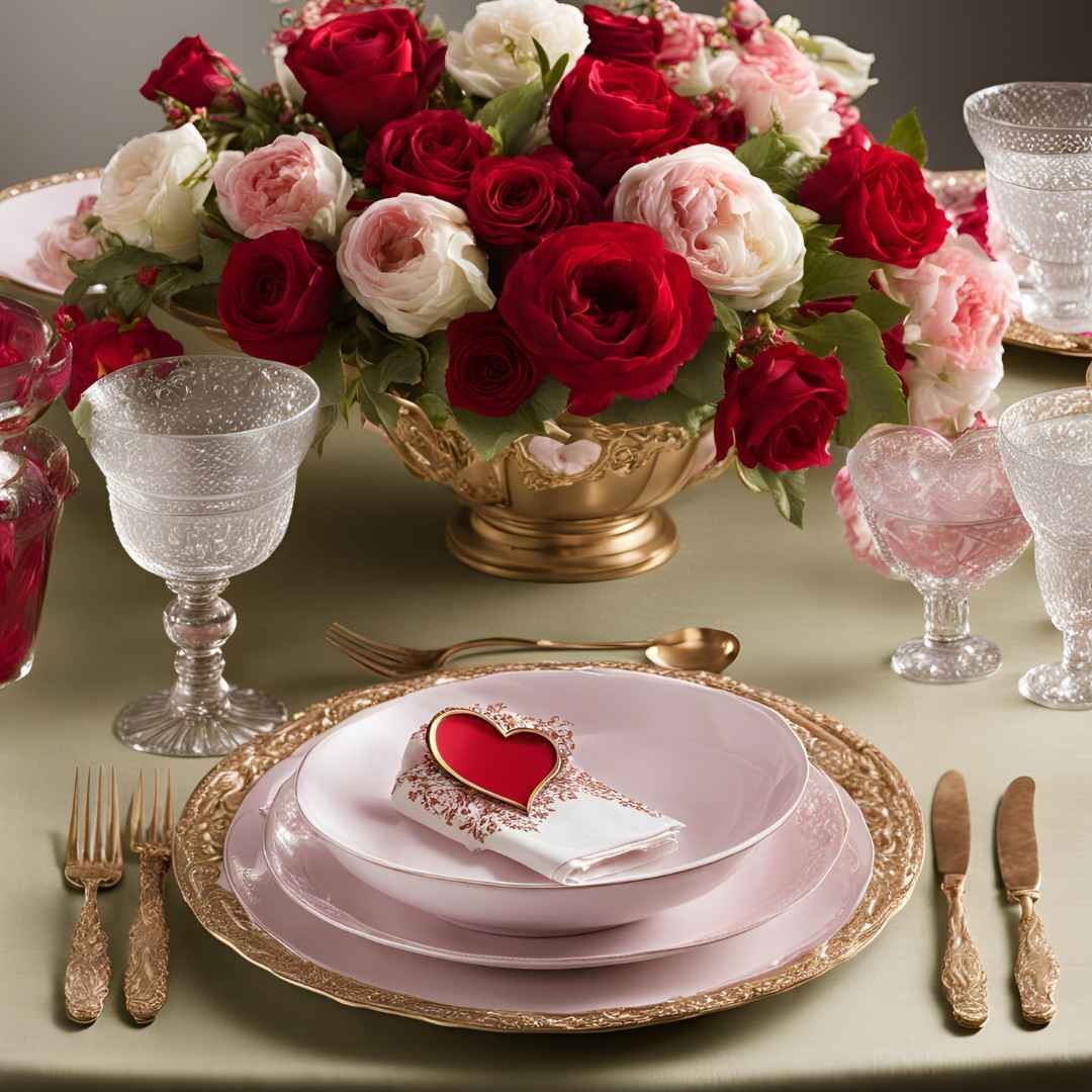 Romantic Valentine’s Day table setting with pink plates, gold cutlery, and red roses
