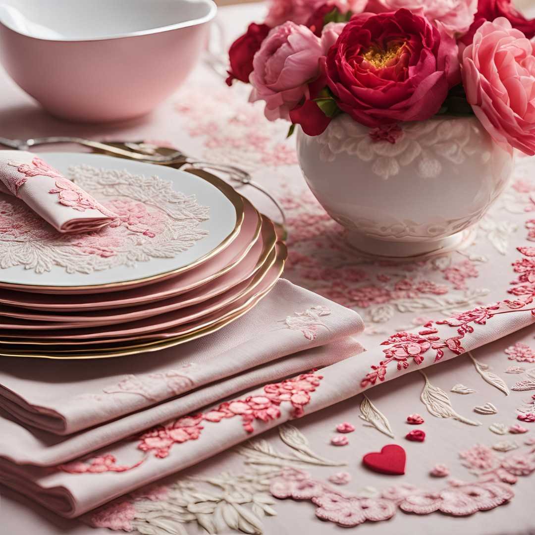 Elegant Valentine’s Day table setup with floral arrangement and pink plates