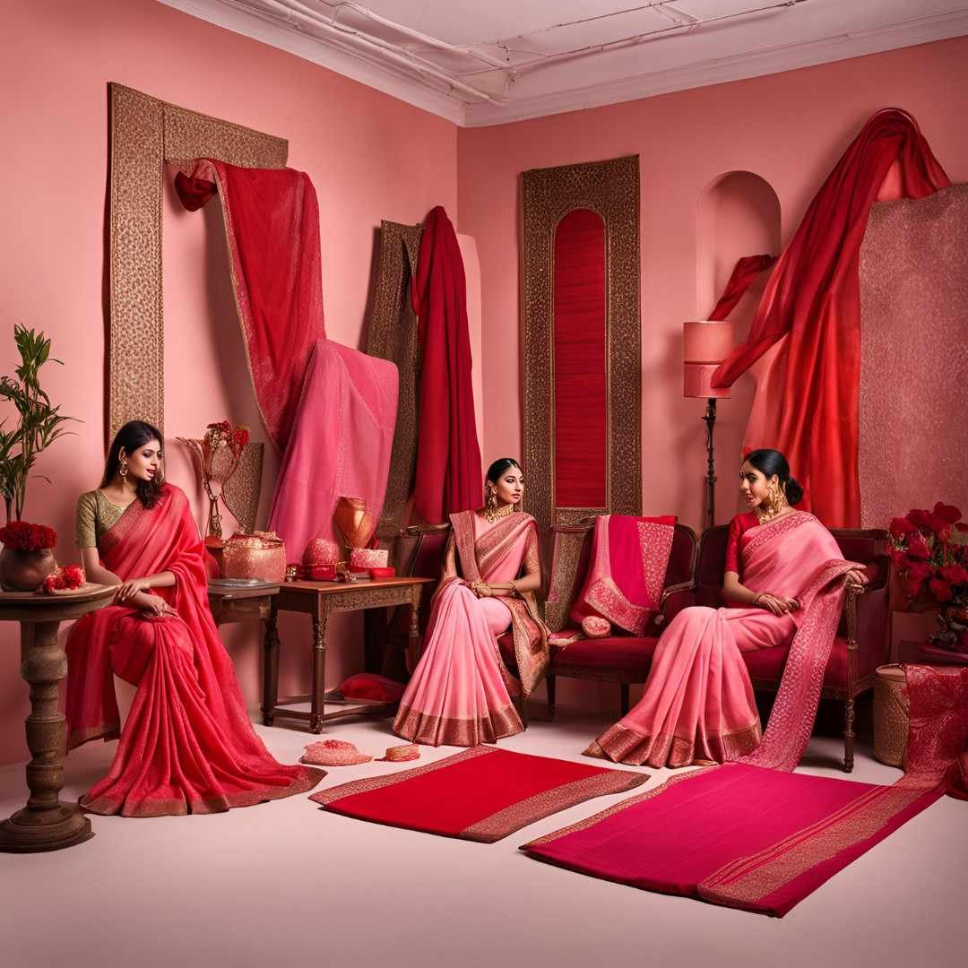 Three women in pink sarees sitting in a romantic, fabric-draped room