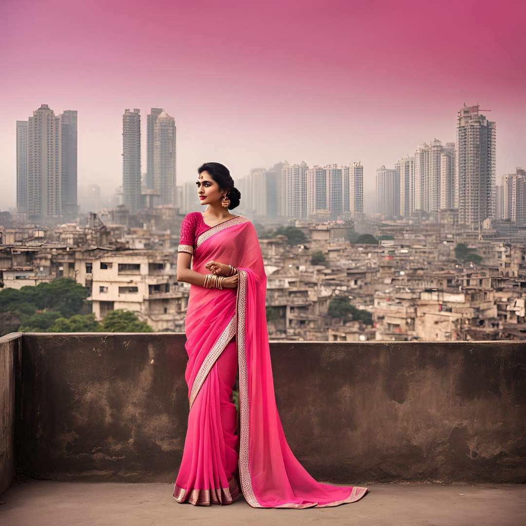 Woman in a pink saree standing on a rooftop with a city skyline in the background