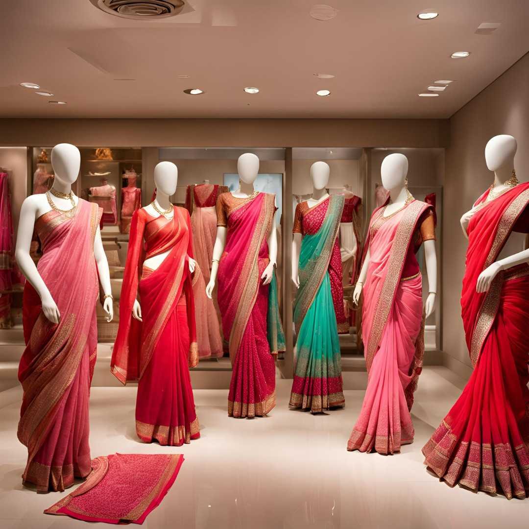 Valentine’s Day saree collection displayed on mannequins in a boutique