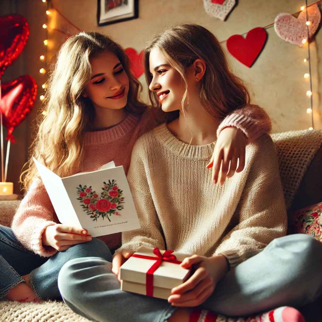 Two sisters exchanging Valentine’s Day gifts and card on couch