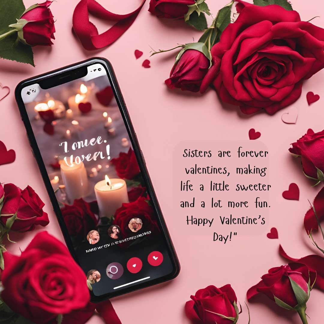 Valentine's Day message for sisters with roses and a phone on pink background