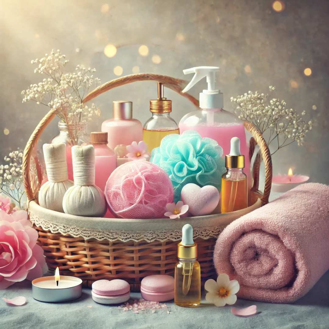 Spa gift basket with bath essentials, pink towel, and beauty products for Valentine’s Day