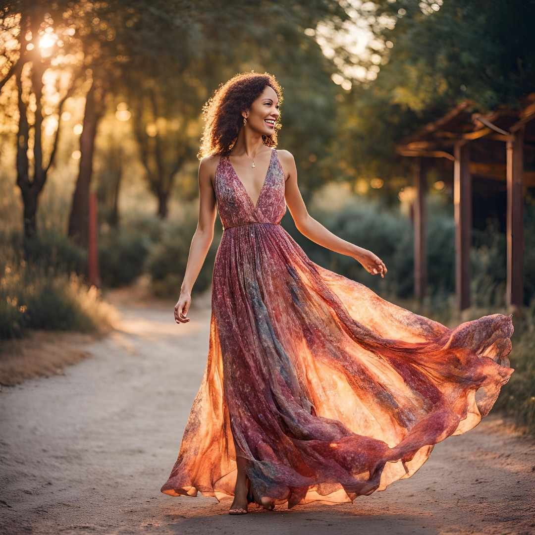 Woman in flowing patterned dress walking at sunset.