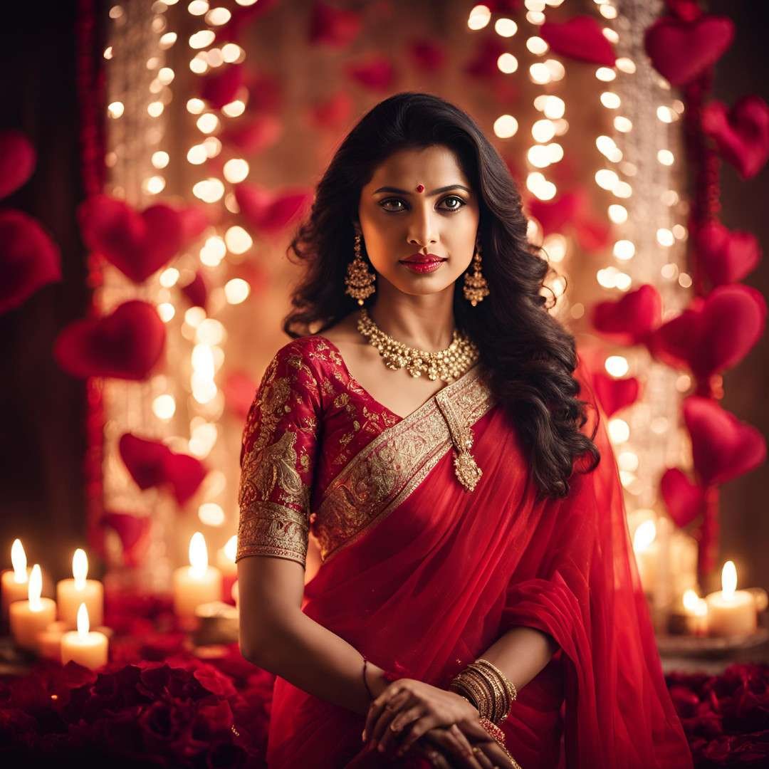 Woman in a red saree surrounded by romantic Valentine’s Day candles and decor.