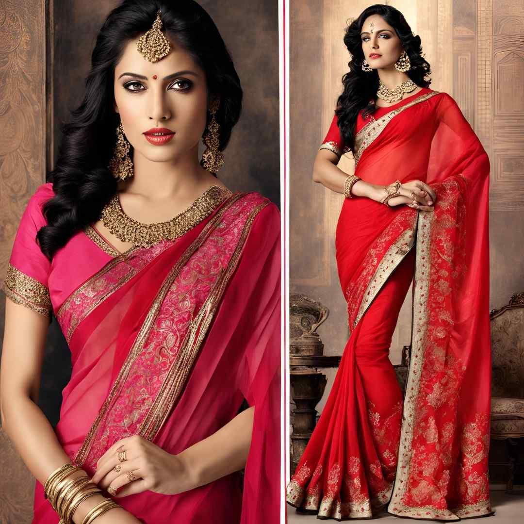 Women wearing traditional red sarees with gold embroidery, ideal for Valentine’s Day.