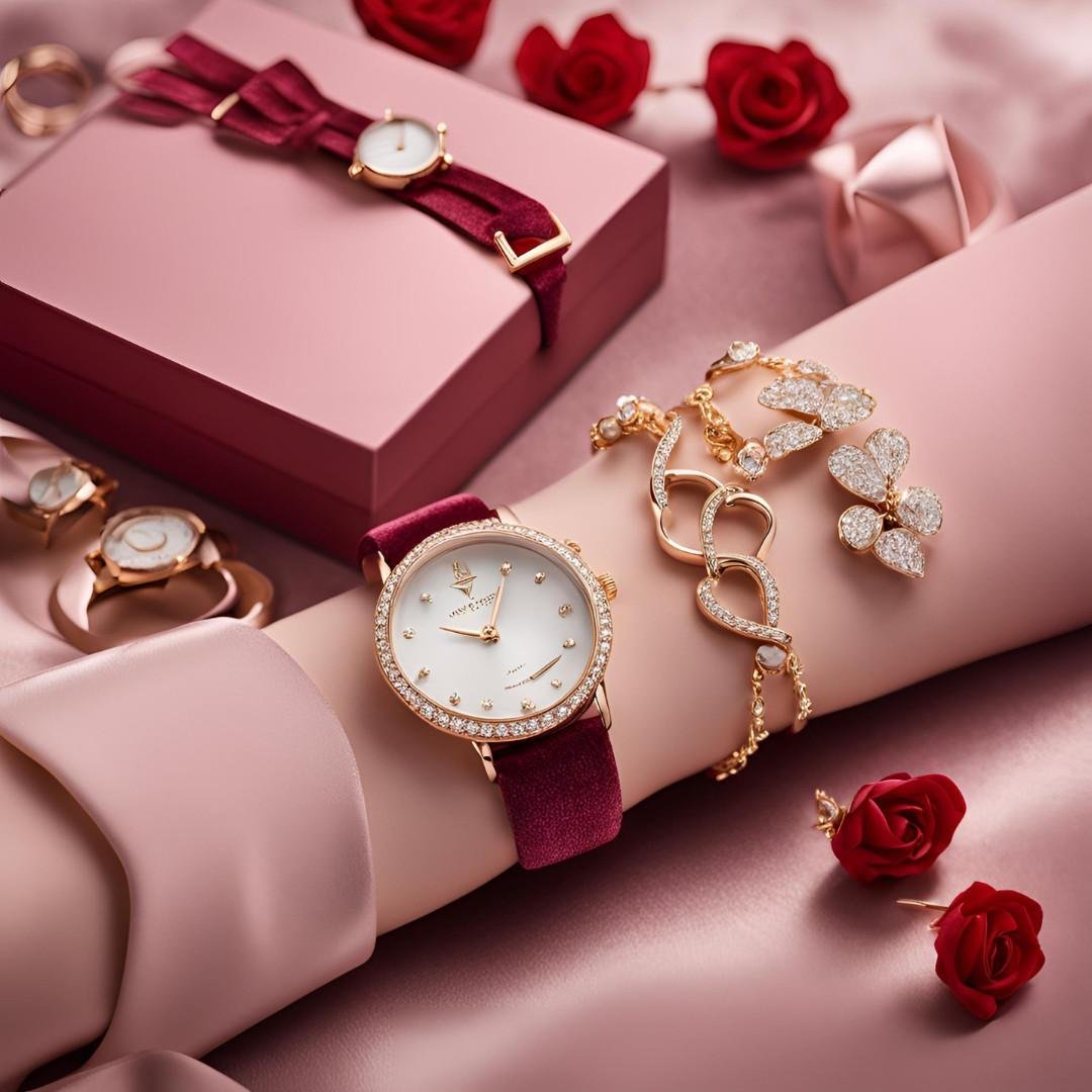 Valentine’s Day gift set with a watch, jewelry, and roses on pink satin