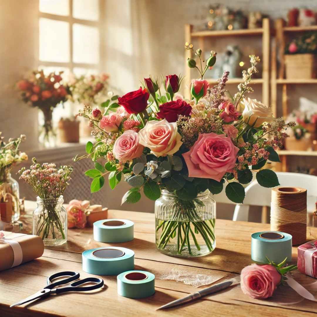 Valentine's Day flower bouquet on a workshop table