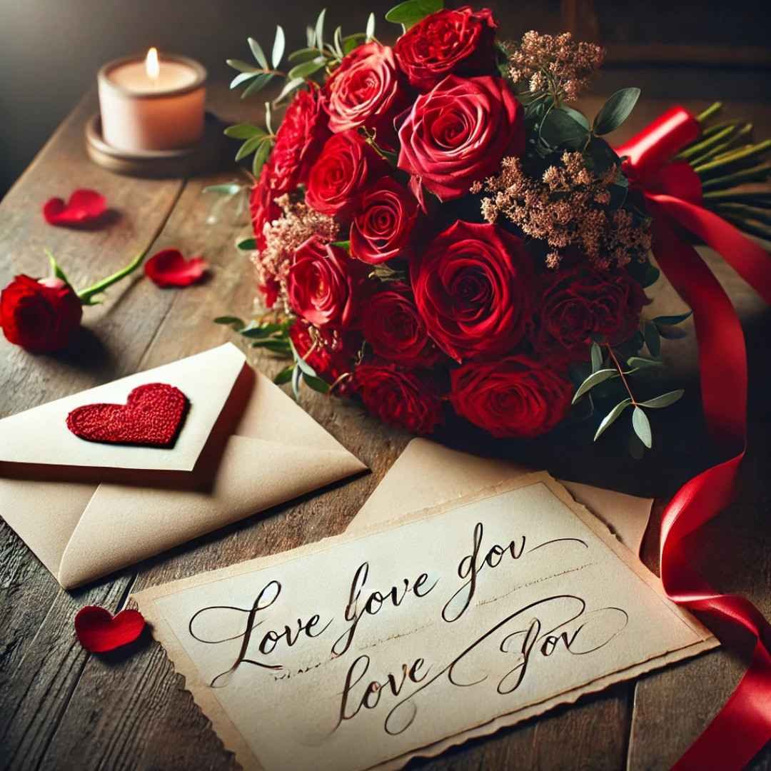 Red rose bouquet with a love letter and candle for Valentine’s Day