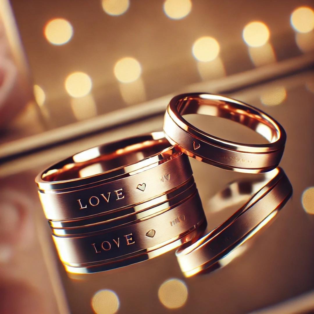 Two elegant rings with “Love” engraved, displayed with romantic lighting