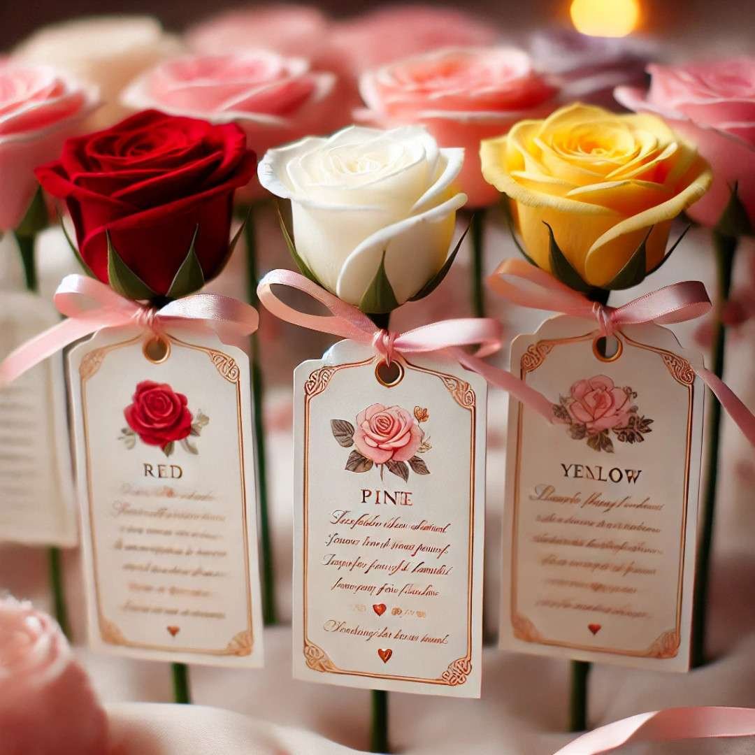 Red, white, and yellow roses with tags explaining their meanings
