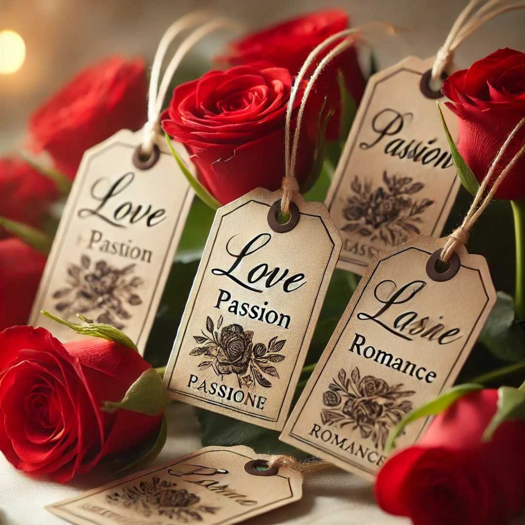 Red roses with love-themed tags for Valentine’s Day
