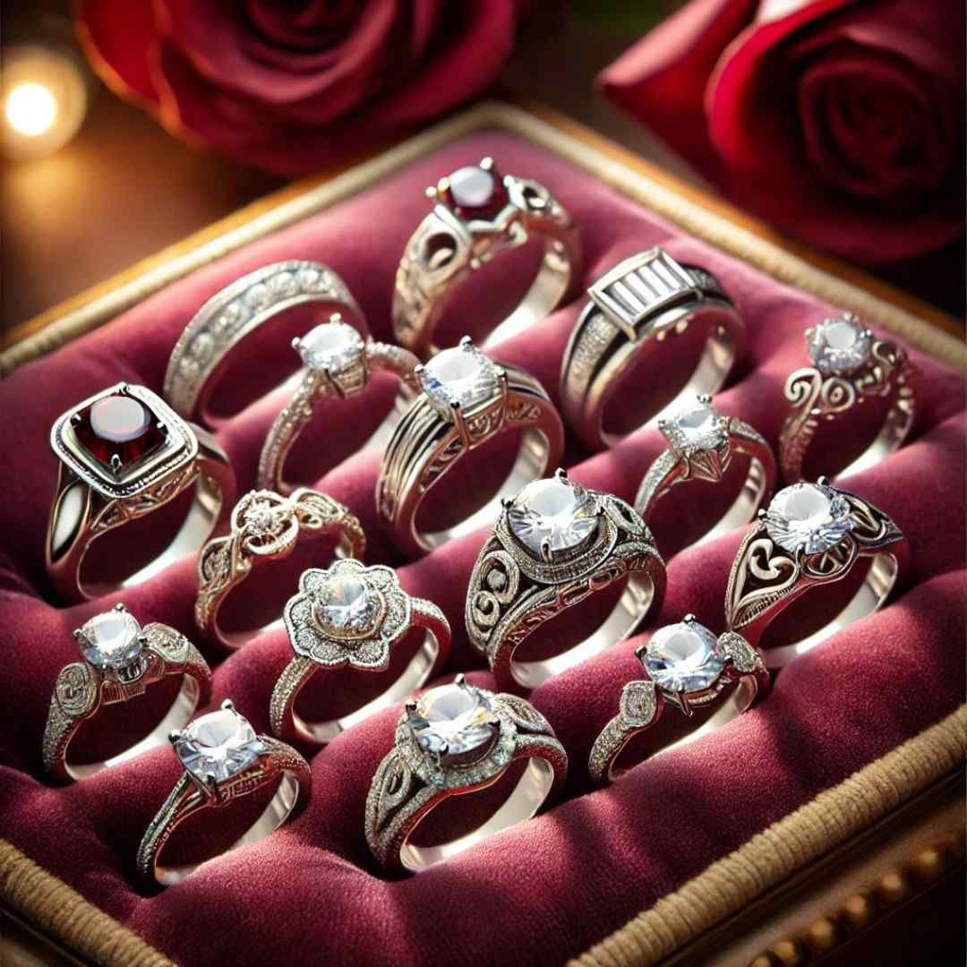 Collection of vintage-style diamond engagement rings arranged in a red velvet jewelry box