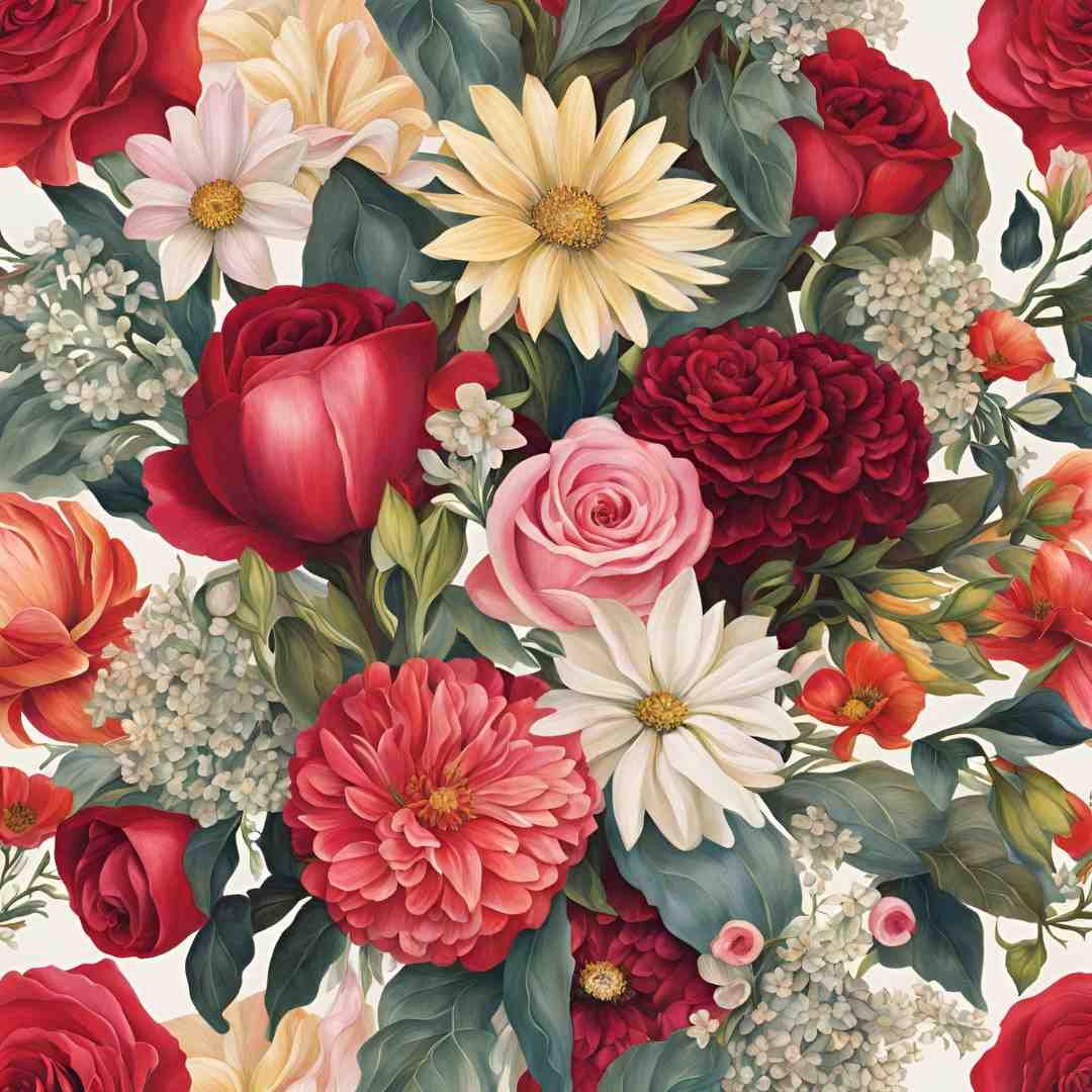 Vintage-style floral pattern with roses, daisies, and carnations