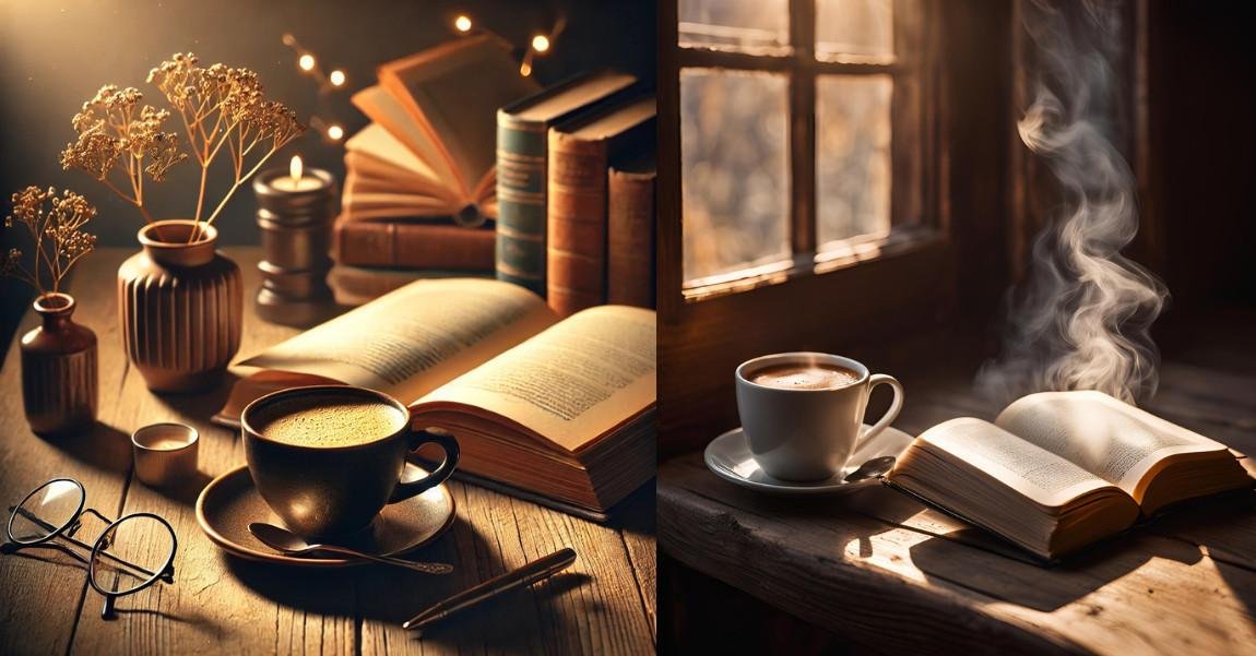 Open books and coffee cups in cozy light, symbolizing meaningful conversations