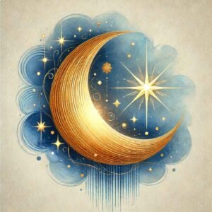 Eid fitr images of a crescent moon and stars coloured with gold and blue watercolours.