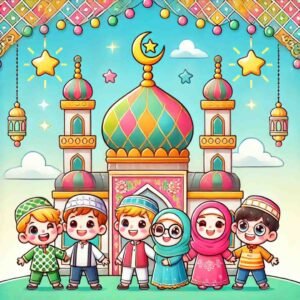 Eid drawing for kids of a cartoon-style mosque with smiling characters.