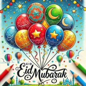 Eid mubarak images drawing of colourful balloons with festive patterns.