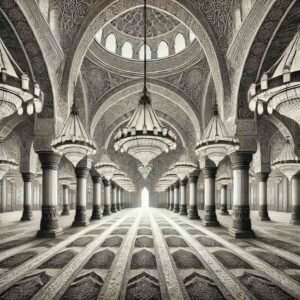 Eid drawings for competition of a detailed mosque interior with chandeliers and patterns.