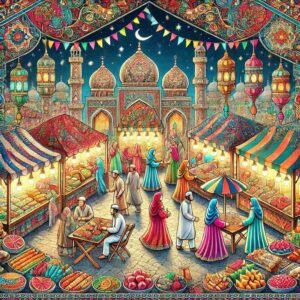 Eid festival drawing with colour of a vibrant market scene with colourful stalls and shoppers.