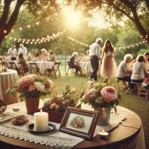 Life celebration ideas with an outdoor gathering and memory table.