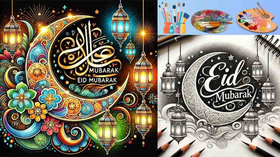 Vibrant Eid drawing with crescent moon, lanterns, and Eid Mubarak calligraphy.