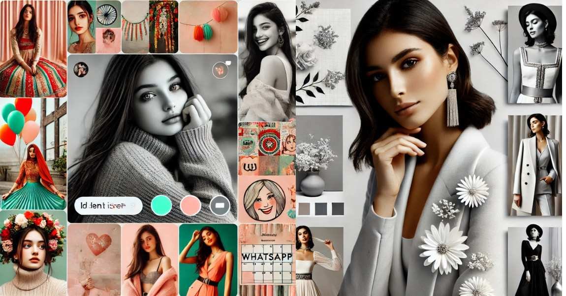 A vibrant collage of modern stylish WhatsApp DP for girls, showcasing chic, quirky, and minimalistic designs in a trendy aesthetic