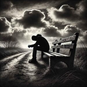 A black-and-white image of a person sitting on a bench under a cloudy sky, perfect for sad images for WhatsApp DP.