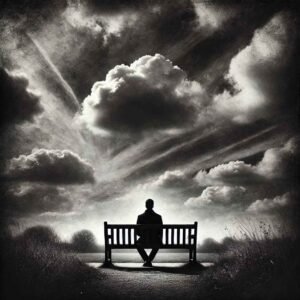 A black-and-white image of a person sitting on a bench under a cloudy sky, perfect for sad images for WhatsApp DP.