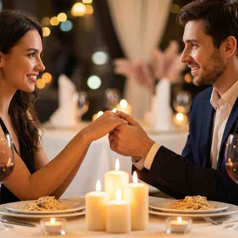 anniversary love dp for whatsapp with romantic couple holding hands at candlelight dinner