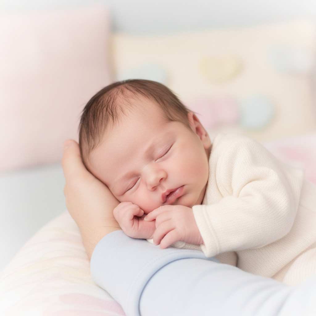 Baby girl sleeping on arm with clenched fists