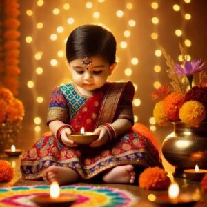 Baby girl holding a Diya during Diwali