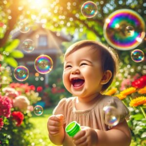 A baby girl playing with soap bubbles outdoors, laughing joyfully.