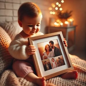 A baby girl holding a family photo with a serene expression in a cozy setting.