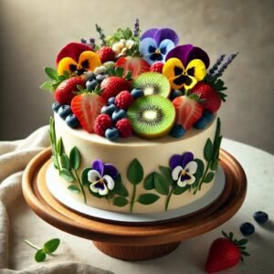 Vegan Mother’s Day cake with fruits and flowers.