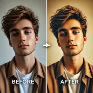 Comparison of a profile picture before and after editing, showing enhanced brightness and contrast.