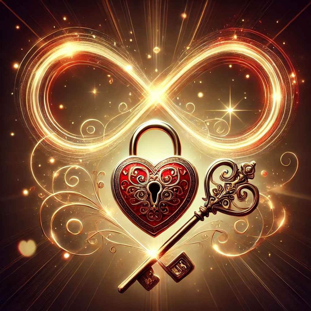 Best love DP for WhatsApp featuring a heart-shaped lock, key, and glowing infinity symbol.