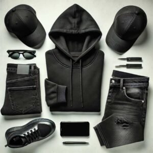 Flat-lay image featuring a black hoodie, dark denim jeans, cap, and sunglasses arranged stylishly on a light background.