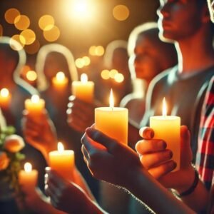 People holding candles in a peaceful vigil with soft bokeh background.