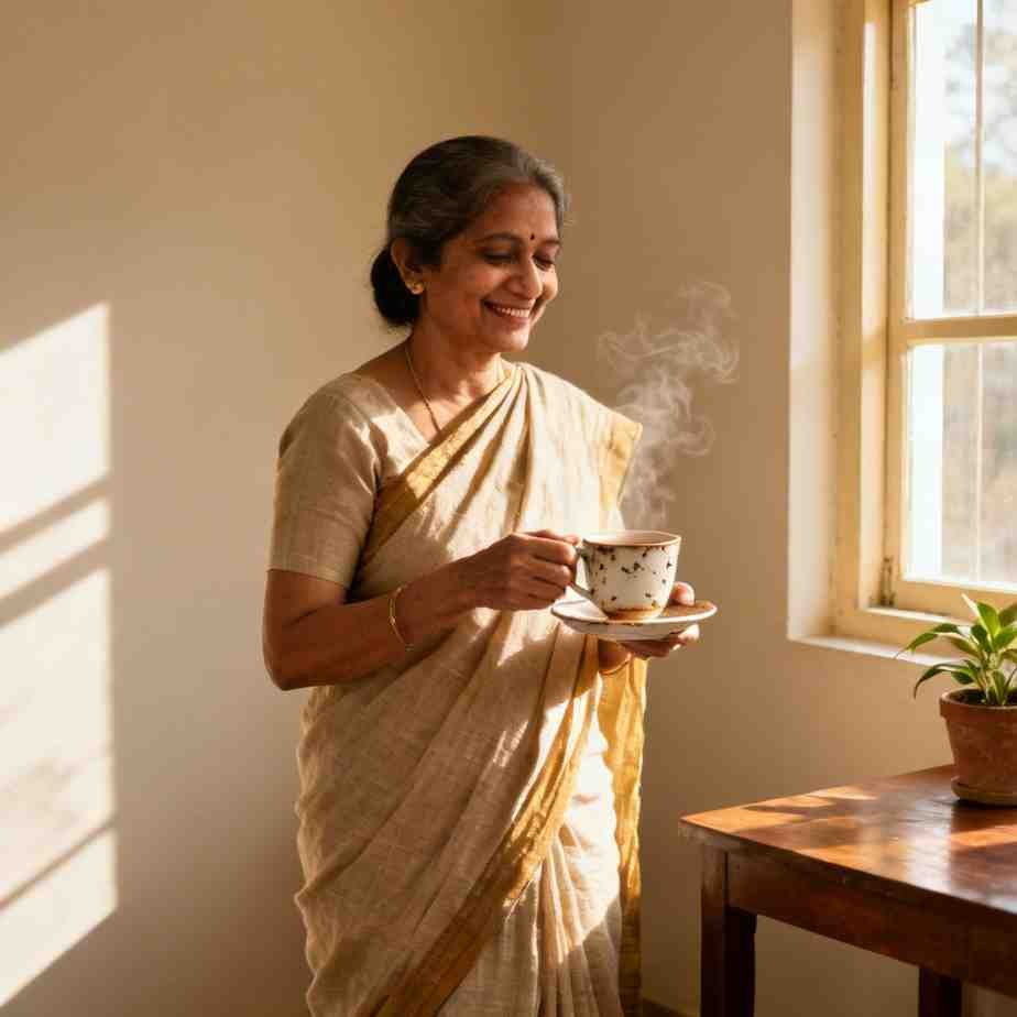 caring mother serving tea with a warm smile — maa dp for whatsapp