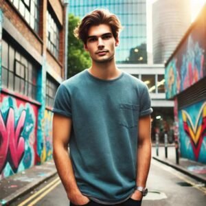 Young man standing confidently in front of graffiti walls in a city alley, representing an urban explorer theme.
